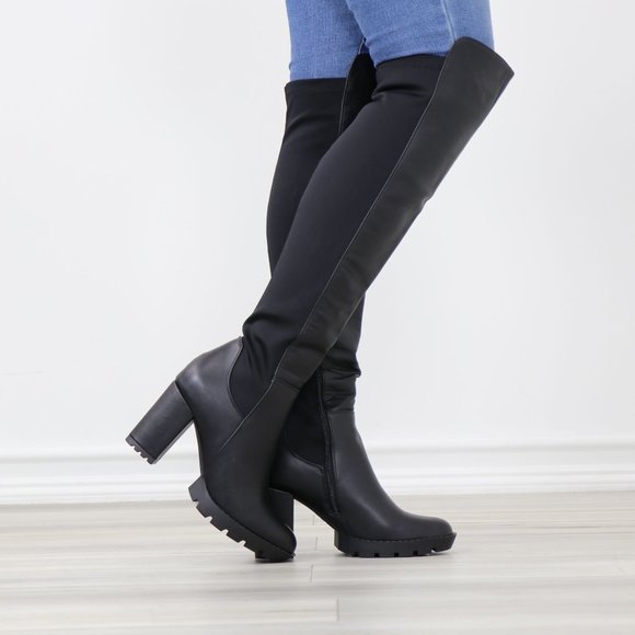 Shoes - Black Faux Leather Round Toe Thigh High Over The Knee Lug Block Heel Boots